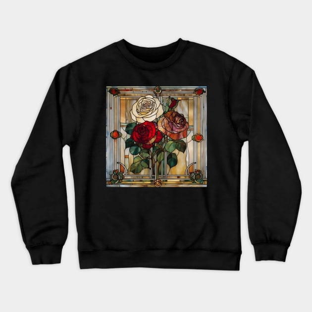 Stained Glass Roses Art Deco Style Crewneck Sweatshirt by craftydesigns